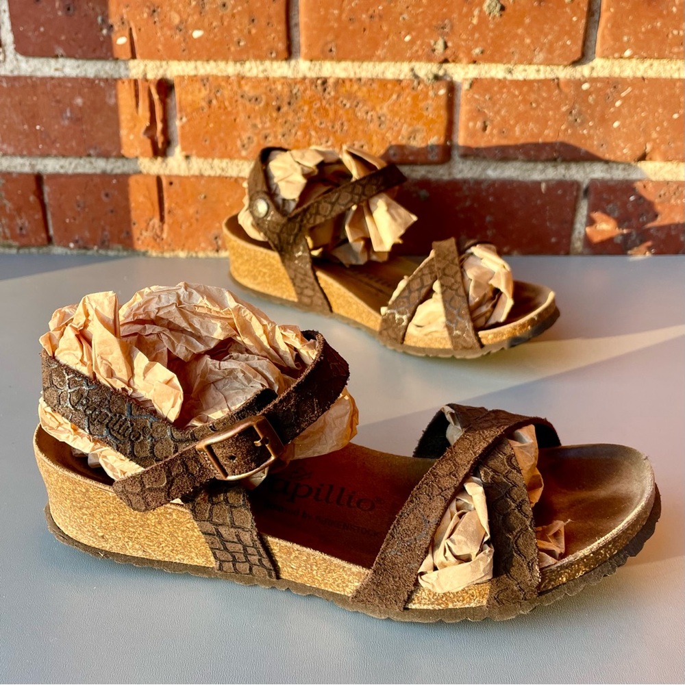 Birkenstock Papillio Embossed Vegan Brown Leather Wedge Sandals Womens Sz 7 Lola